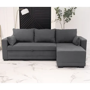 Slaapbank 3 zitplaatsen Donkergrijs – chaise longue omkeerbaar rechts/linksche (233 x 140 x 69 cm) – LEAH Slaapbank 3 zitplaatsen Donkergrijs – chaise longue omkeerbaar rechts/linksche (233 x 140 x 69 cm) – LEAH
