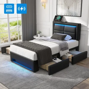 90 x 200 cm gestoffeerd bed met hoofdbord en 4 lades – LED's en USB-aansluitingen – PU-leer – Zwart (zonder matras) 90 x 200 cm gestoffeerd bed met hoofdbord en 4 lades – LED's en USB-aansluitingen – PU-leer – Zwart (zonder matras)