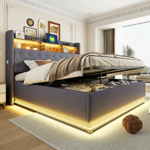 180 x 200 cm opbergbed met opberghoofdeinde – USB-oplading en LED's – Linnen stof – Grijs