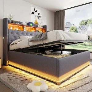 160 x 200 cm opbergbed met opberghoofdeinde – USB-oplading en LED's – Linnen stof – Grijs 160 x 200 cm opbergbed met opberghoofdeinde – USB-oplading en LED's – Linnen stof – Grijs