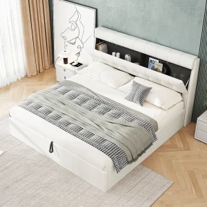 160 x 200 cm opbergbed met opberghoofdeinde – LED's – PU-leer – Wit (zonder matras) 160 x 200 cm opbergbed met opberghoofdeinde – LED's – PU-leer – Wit (zonder matras)