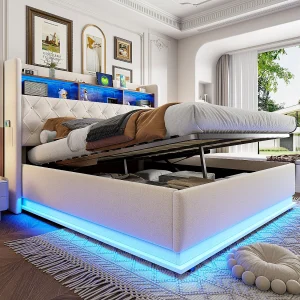 180 x 200 cm opbergbed met opberghoofdeinde – USB-oplading en LED's – Linnen stof – Beige
