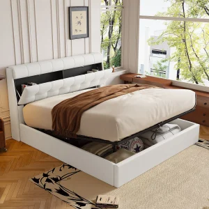 140 x 200 cm opbergbed met opberghoofdeinde – LED's – PU-leer – Wit (zonder matras)
