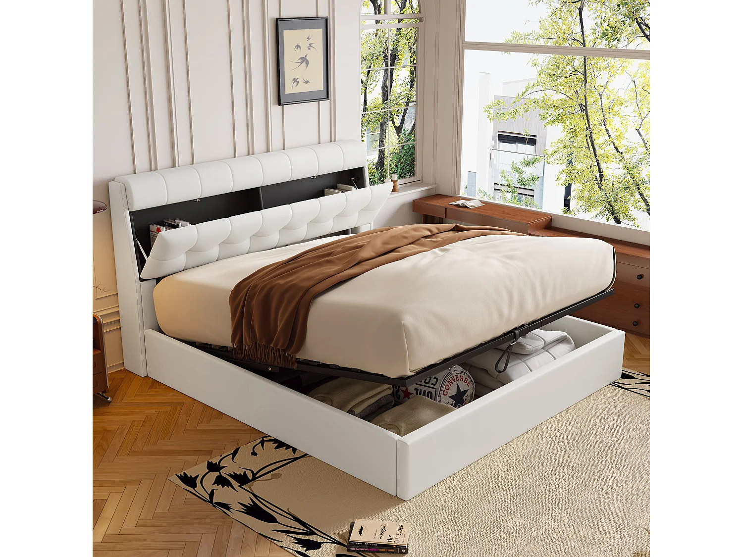 140 x 200 cm opbergbed met opberghoofdeinde – LED's – PU-leer – Wit (zonder matras)