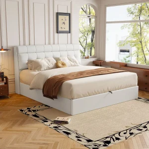 140 x 190 cm opbergbed met opberghoofdeinde – LED's – PU-leer – Wit (zonder matras) 140 x 190 cm opbergbed met opberghoofdeinde – LED's – PU-leer – Wit (zonder matras)