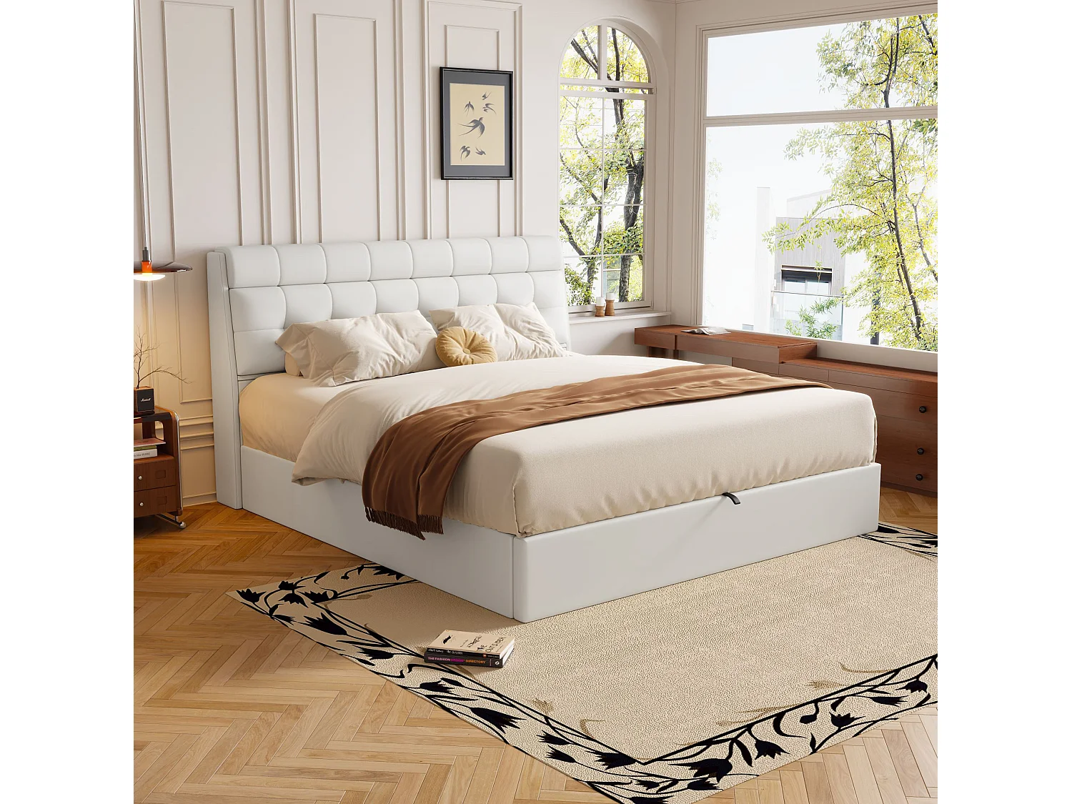 140 x 190 cm opbergbed met opberghoofdeinde – LED's – PU-leer – Wit (zonder matras)