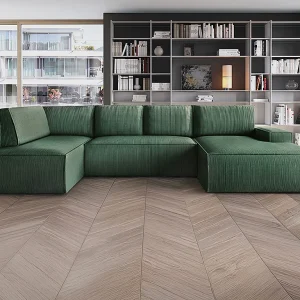 Grote hoekslaapbank met hoek rechts van groen ribfluweel AMELIA Grote hoekslaapbank met hoek rechts van groen ribfluweel AMELIA