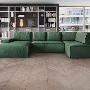 Grote hoekslaapbank met hoek links van groen ribfluweel AMELIA Grote hoekslaapbank met hoek links van groen ribfluweel AMELIA