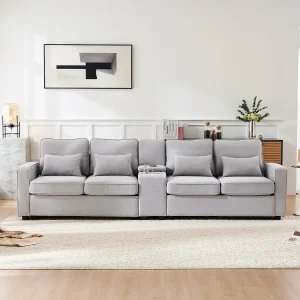 4 -SEATER Sofa in linnenstof – met 4 kussens 2 USB -poorten en bekerhouder – Armwestzakken – 290x83x88cm, grijs 4 -SEATER Sofa in linnenstof – met 4 kussens 2 USB -poorten en bekerhouder – Armwestzakken – 290x83x88cm, grijs