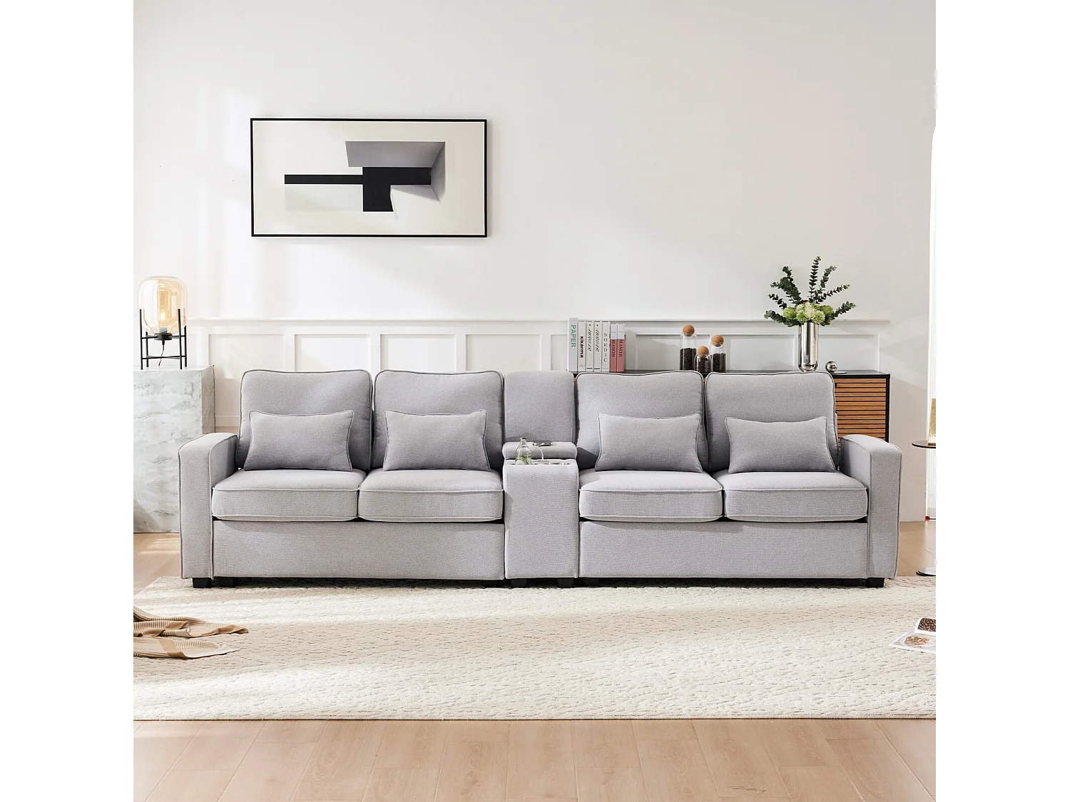 4 -SEATER Sofa in linnenstof - met 4 kussens 2 USB -poorten en bekerhouder - Armwestzakken - 290x83x88cm, grijs