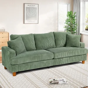 3-zitsbank van corduroy, moderne grote gestoffeerde rechte bank met extra diepe zitplaatsen van 53 cm – 2 kussens – 220x76x84cm – groen 3-zitsbank van corduroy, moderne grote gestoffeerde rechte bank met extra diepe zitplaatsen van 53 cm – 2 kussens – 220x76x84cm – groen