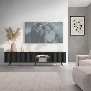 3-deurs LED tv-meubel – 175 cm – zwart met zwarte poten – BELLO 3-deurs LED tv-meubel – 175 cm – zwart met zwarte poten – BELLO