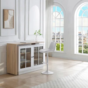 Draaibaar barmeubel met opbergruimte van mdf en gehard glas – Wit en naturel – ARAMETA Draaibaar barmeubel met opbergruimte van mdf en gehard glas – Wit en naturel – ARAMETA