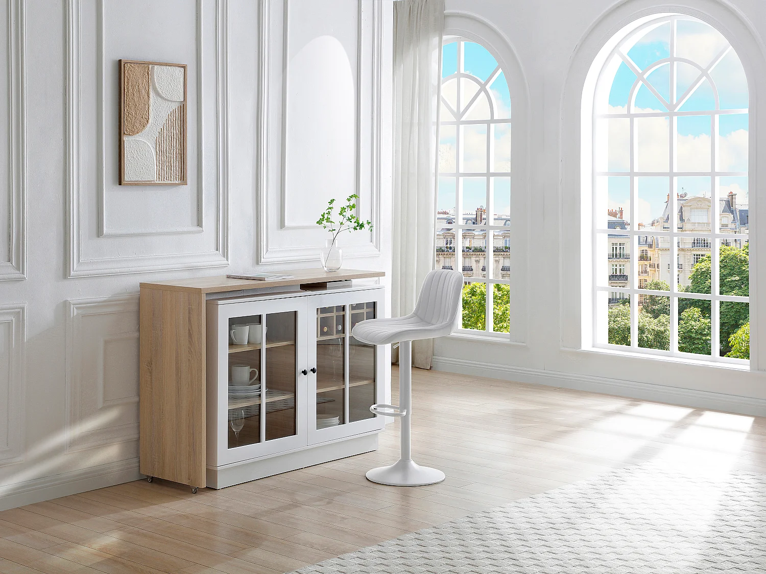 Draaibaar barmeubel met opbergruimte van mdf en gehard glas - Wit en naturel - ARAMETA