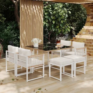 6-zits acaciahouten tuinset: eettafel + 4 fauteuils + 2 krukken – voor terras, tuin en balkon – Wit + naturel