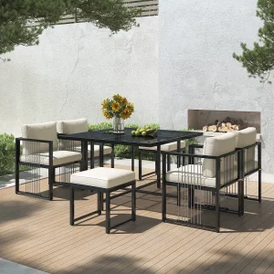 6-zits metalen tuinmeubelset: eettafel + 4 fauteuils + 2 krukken – voor terras, tuin en balkon – Wit + zwart