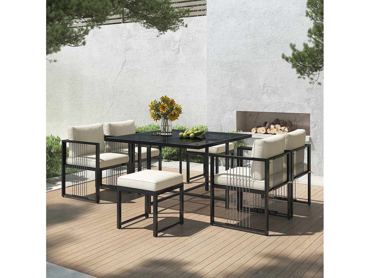 6-zits metalen tuinmeubelset: eettafel + 4 fauteuils + 2 krukken - voor terras, tuin en balkon - Wit + zwart