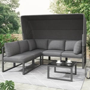 5-zits modulaire metalen tuinmeubelset met salontafel en opvouwbaar zonnescherm – Glazen blad – Zwart 5-zits modulaire metalen tuinmeubelset met salontafel en opvouwbaar zonnescherm – Glazen blad – Zwart