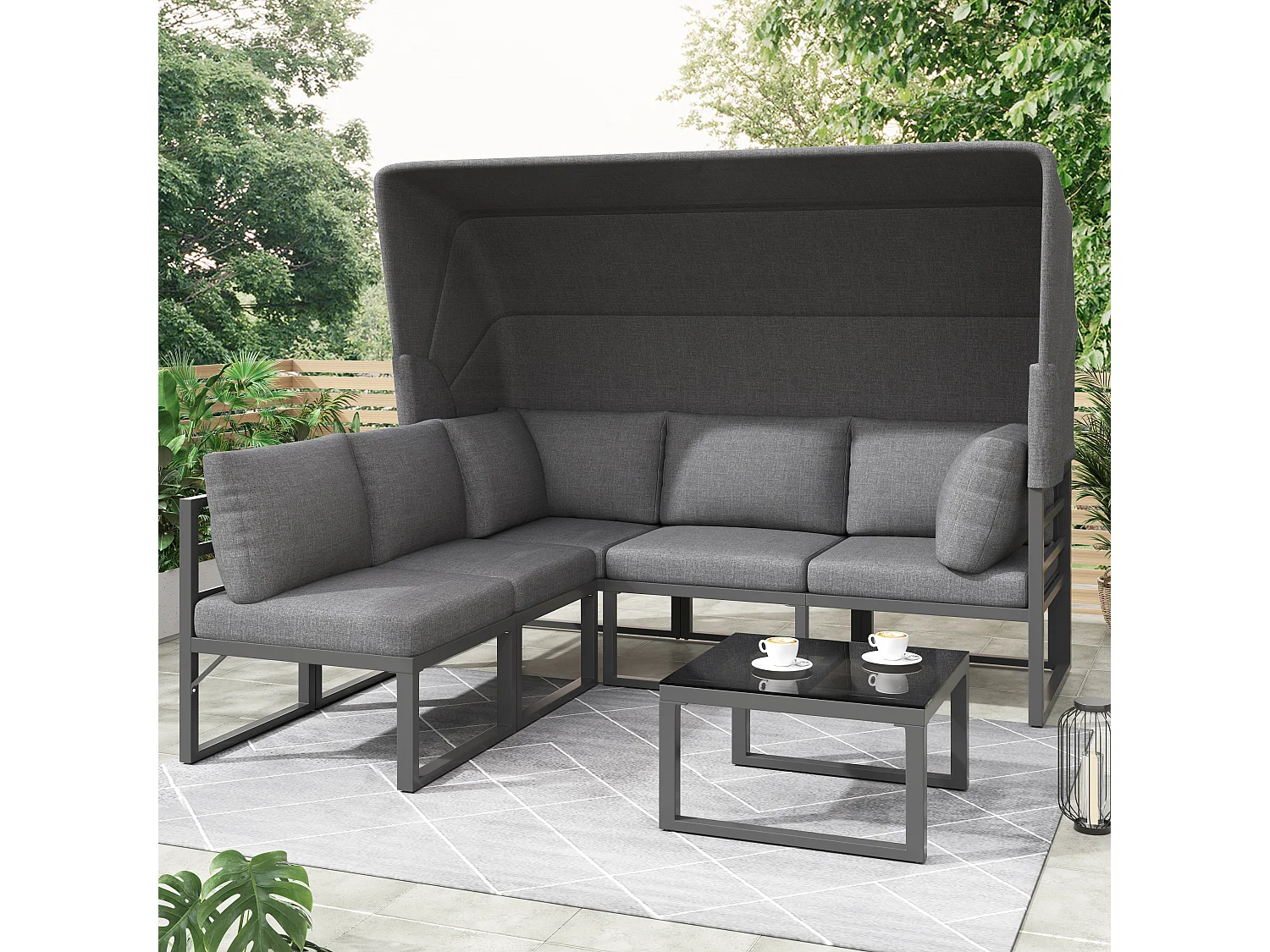 5-zits modulaire metalen tuinmeubelset met salontafel en opvouwbaar zonnescherm - Glazen blad - Zwart