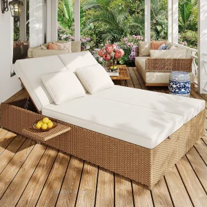 2-zits uitschuifbare tuinmeubelset, Polyester rotan tuinligstoel – 2 opvouwbare salontafels – Wit 2-zits uitschuifbare tuinmeubelset, Polyester rotan tuinligstoel – 2 opvouwbare salontafels – Wit