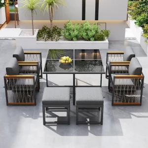 6-zits acaciahouten tuinset: eettafel + 4 fauteuils + 2 krukken – voor terras, tuin en balkon – Zwart + naturel