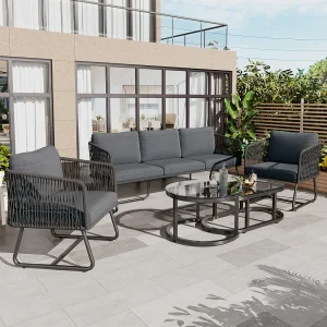 5-zits metalen tuinmeubelset: een 3-zitsbank + 2 fauteuils + glazen bijzettafels, verstelbare poten, met kussens 5-zits metalen tuinmeubelset: een 3-zitsbank + 2 fauteuils + glazen bijzettafels, verstelbare poten, met kussens
