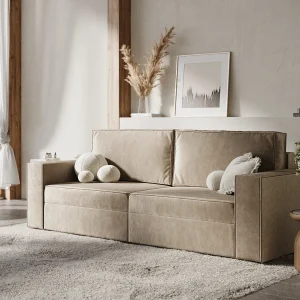 Bank met slaapfunctie van fluwelen stof Leo – 3 plaatsen – beige Bank met slaapfunctie van fluwelen stof Leo – 3 plaatsen – beige
