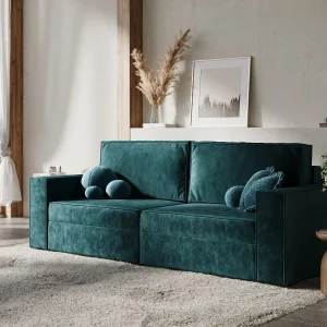 Bank met slaapfunctie van fluwelen stof Leo – 3 plaatsen – turquoise kleur Bank met slaapfunctie van fluwelen stof Leo – 3 plaatsen – turquoise kleur