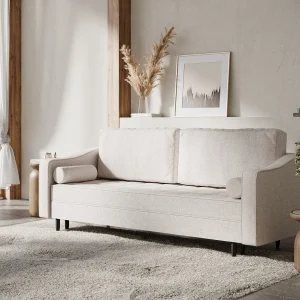 Bank met slaapfunctie van geweven stof Zyia – 3 plaatsen – beige