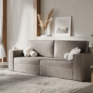 Bank met slaapfunctie van fluwelen stof Leo – 3 plaatsen – taupe Bank met slaapfunctie van fluwelen stof Leo – 3 plaatsen – taupe