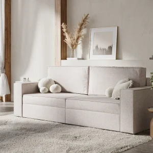 Bank met slaapfunctie van geweven stof Leo – 3 plaatsen – beige
