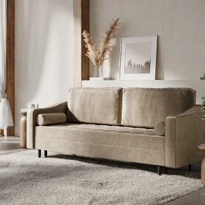 Bank met slaapfunctie van fluwelen stof Zyia – 3 plaatsen – beige Bank met slaapfunctie van fluwelen stof Zyia – 3 plaatsen – beige