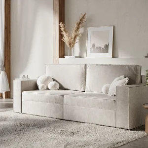 Bank met slaapfunctie van fluwelen stof Leo – 3 plaatsen – creme Bank met slaapfunctie van fluwelen stof Leo – 3 plaatsen – creme