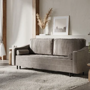 Bank met slaapfunctie van fluwelen stof Zyia – 3 plaatsen – taupe Bank met slaapfunctie van fluwelen stof Zyia – 3 plaatsen – taupe