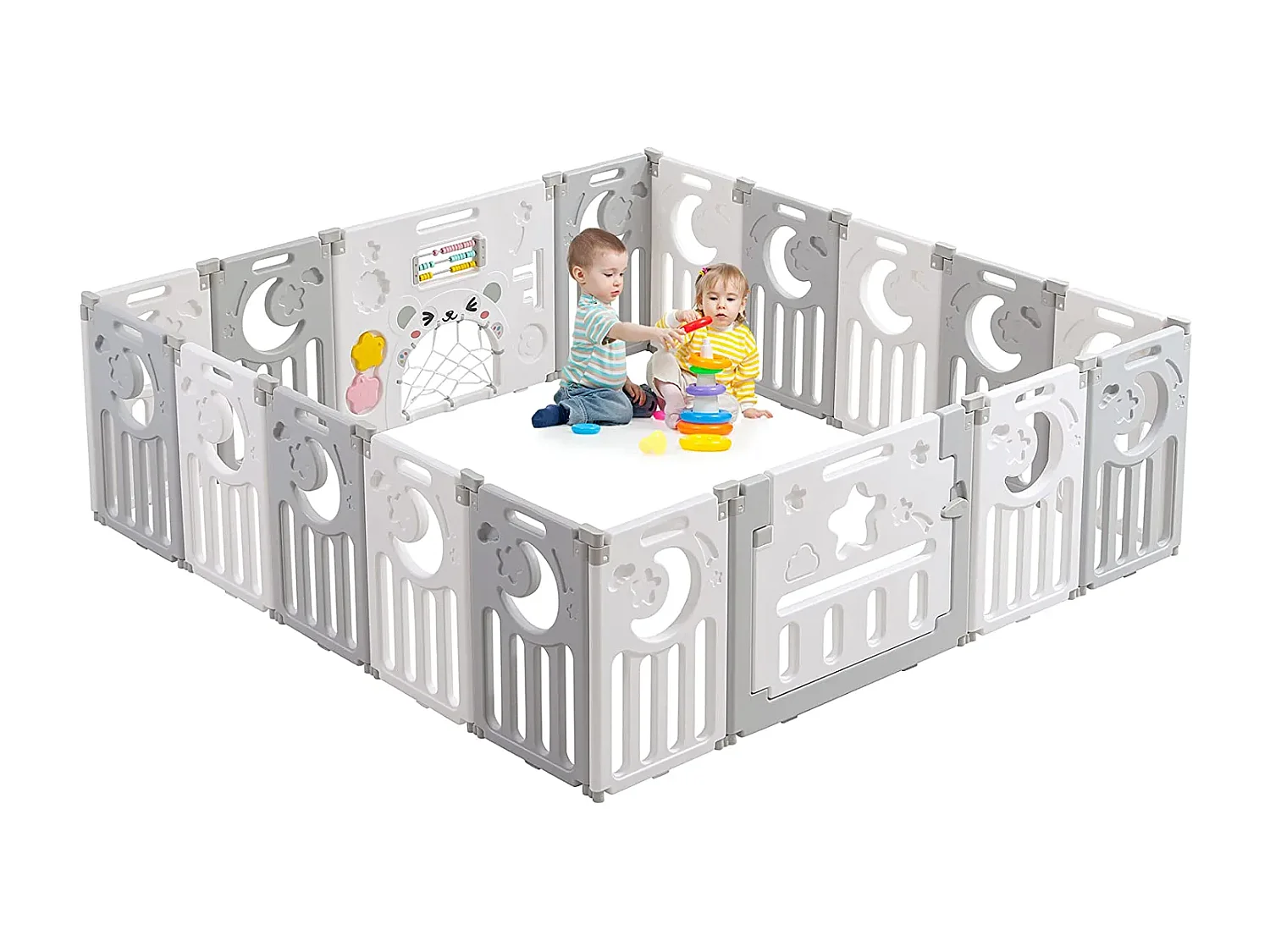 Baby Park - Grijs ecologisch plastic - 16+2 panelen - met deur - 190 x 190 x 61 cm