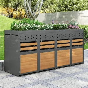 Afdekking van vuilnisbak – 4x240L – deur donker met houtachtig uiterlijk – Vervangbaar – roestvrij staal – with ventilatiegaten – ingebouwde bloempot – grijs