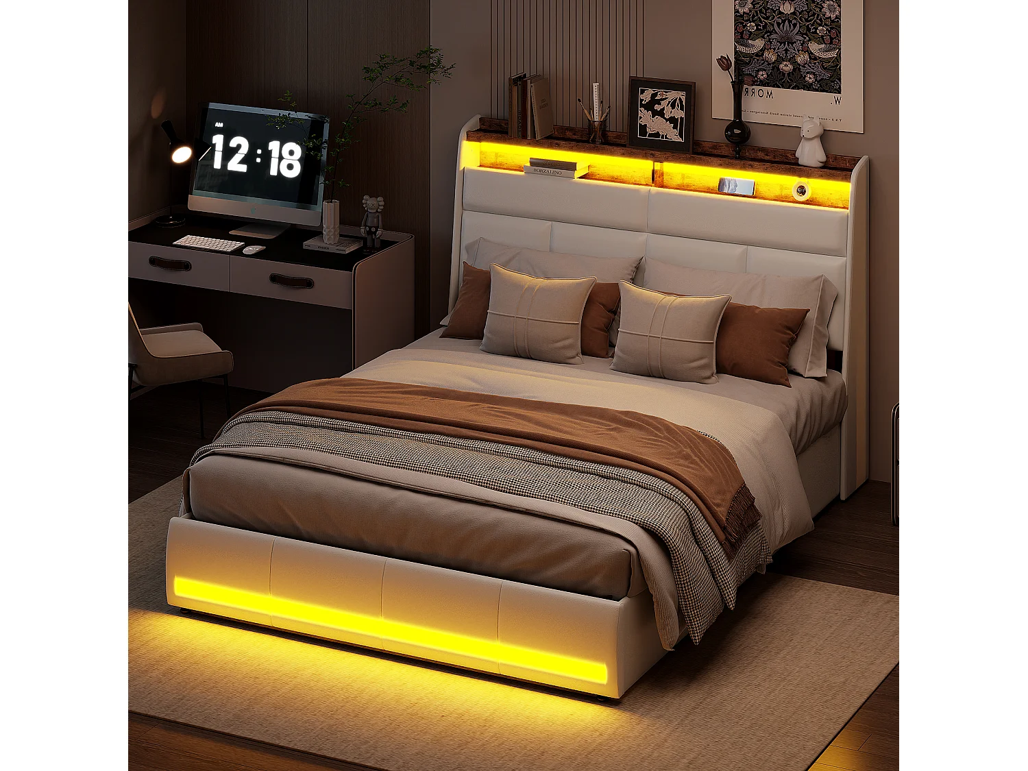 160*200cm tweepersoonsbed luchtdrukmodel met licht aan het voeteneind, PU, wit