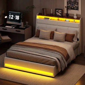 140*200cm tweepersoonsbed luchtdrukmodel met licht aan het voeteneind, PU, wit