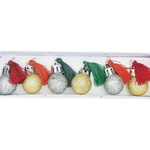 6 mini kerstballen met rode en groene glitters en pompons 6 mini kerstballen met rode en groene glitters en pompons