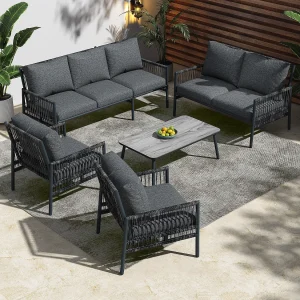 7-zits gegalvaniseerd stalen tuinmeubel: 2 zitbanken + 2 fauteuils + een tafel – Afneembare zitkussens – Grijs 7-zits gegalvaniseerd stalen tuinmeubel: 2 zitbanken + 2 fauteuils + een tafel – Afneembare zitkussens – Grijs