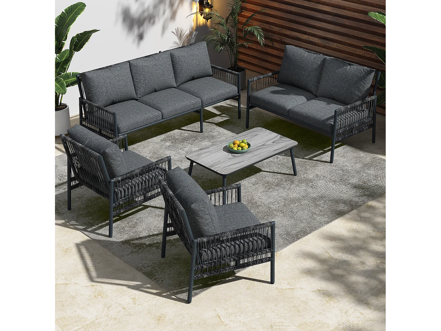 7-zits gegalvaniseerd stalen tuinmeubel: 2 zitbanken + 2 fauteuils + een tafel - Afneembare zitkussens - Grijs