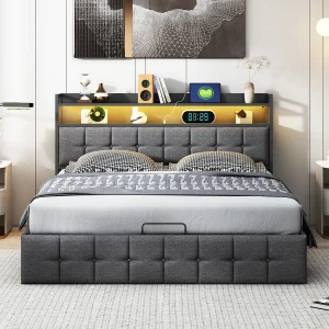 160*200CM Tweepersoonsbed, pneumatische hendelopslag, hoofdeinde met lichtstrip, met stopcontact, grijs, linnen