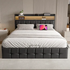 160*200CM Luchtbed, Tweepersoonsbed met Stopcontact, Zwart, Leer
