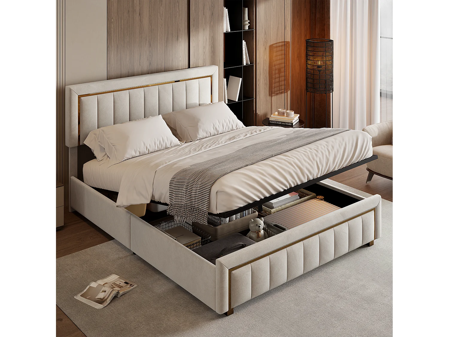 160x200cm fluwelen opbergbed - met pneumatische hendel - met lattenbodem - Beige