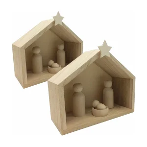 2 houten kerststallen + pionnen 18 x 8 x 15 cm