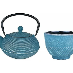 Asagao Blauwe Gietijzeren Theepot 0,9L + Blauwe en Zilveren Gietijzeren Kop
