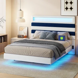 140*190cm Tweepersoonsbed, verstelbaar nachtkastje + dubbele USB-oplaadpoort + lichtbalk, gebroken wit + blauw fluweel
