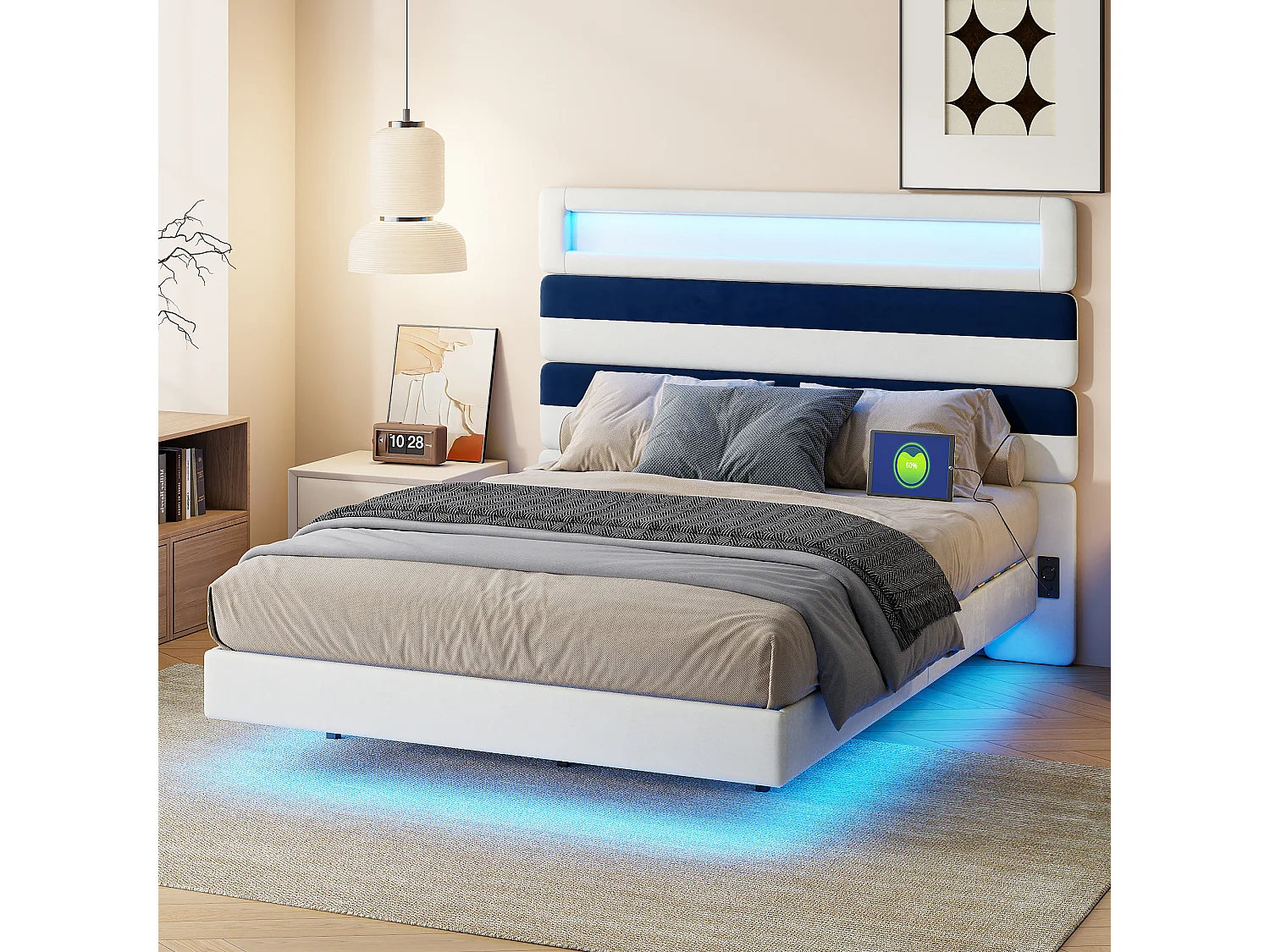 140*190cm Tweepersoonsbed, verstelbaar nachtkastje + dubbele USB-oplaadpoort + lichtbalk, gebroken wit + blauw fluweel