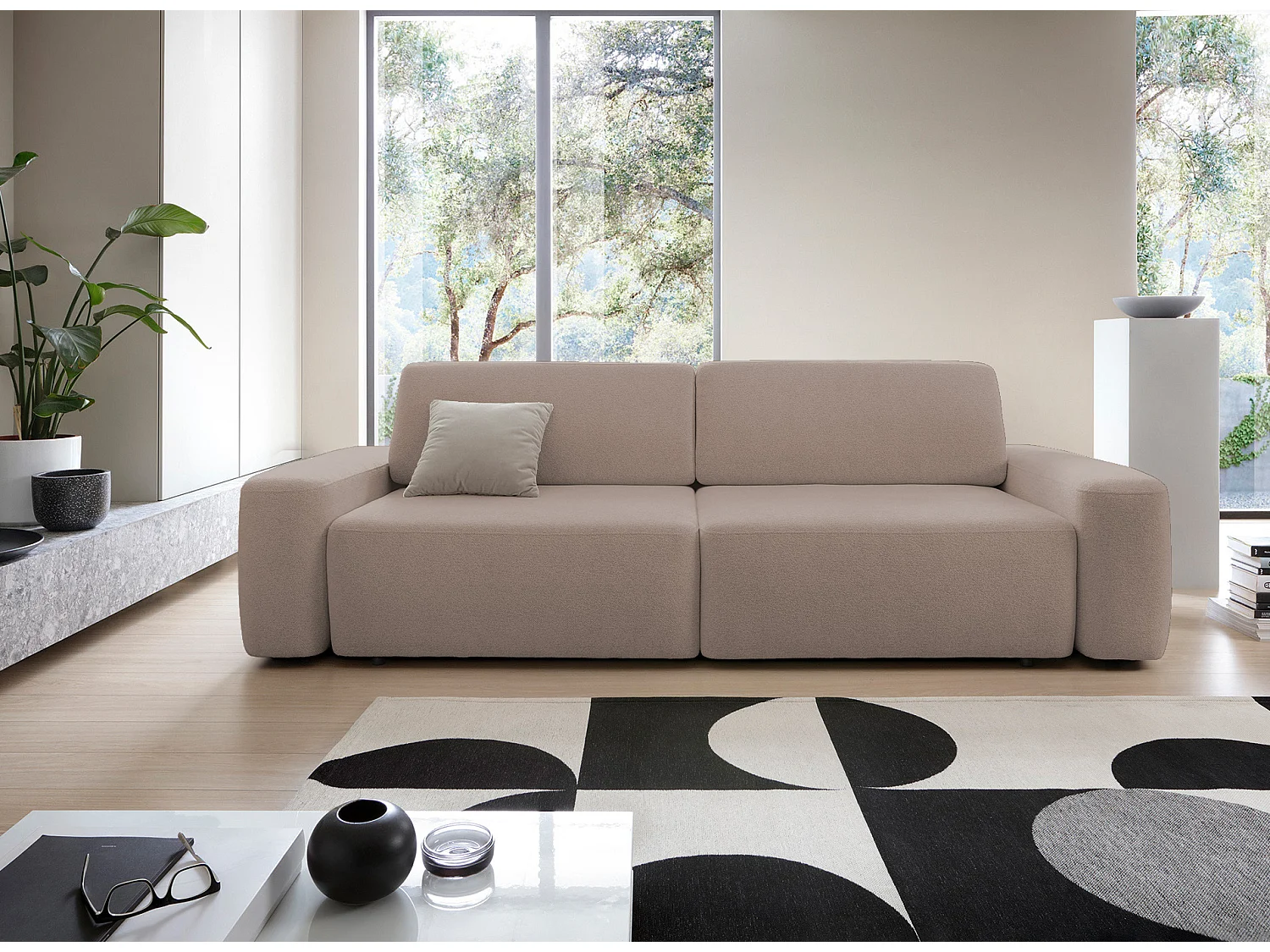 4-zitsbank, vrijstaand, opbergruimte, PUR-schuim, stof Raven, slaapfunctie 120x200cm, afm. 257x82x105cm, Cappucino