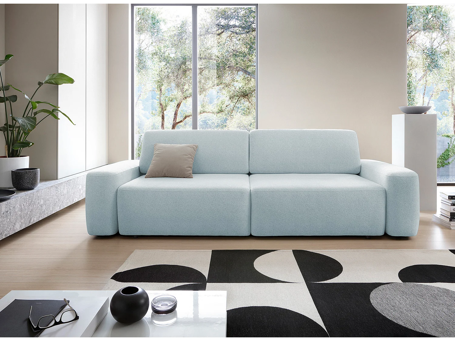4-zitsbank, vrijstaand, opbergruimte, PUR-schuim, stof Raven, slaapfunctie 120x200cm, afm. 257x82x105cm, Duif